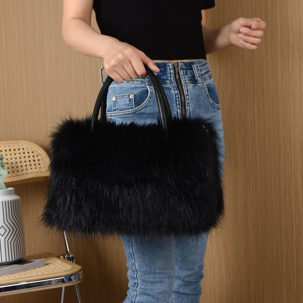 High-end Square Plush Bag Fur Handbag Large Capacity