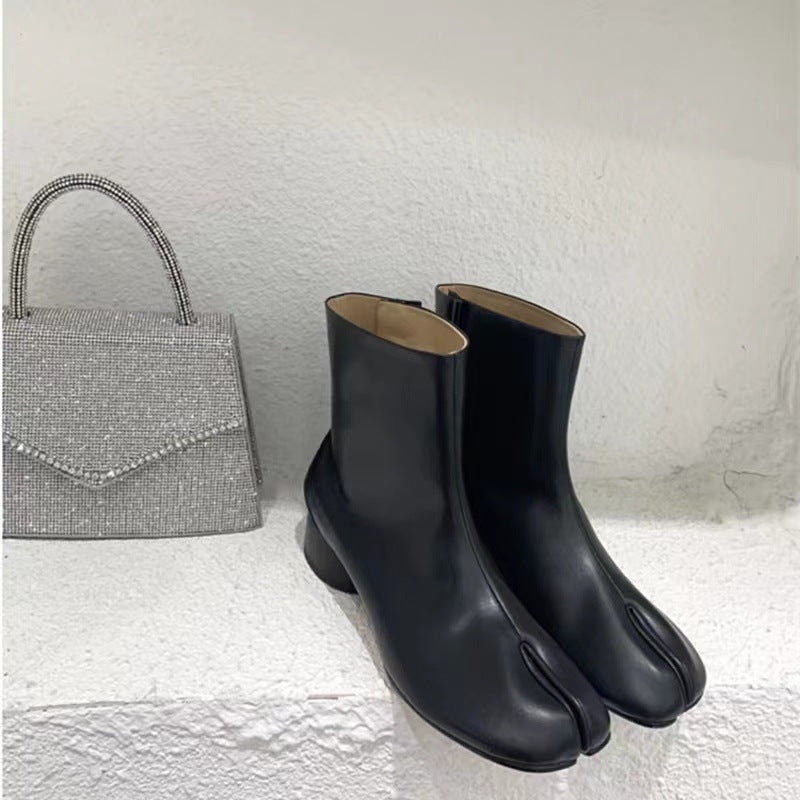 Split-toe Mid Heel Leather Lined Chunky Heel Middle Tabi Boots