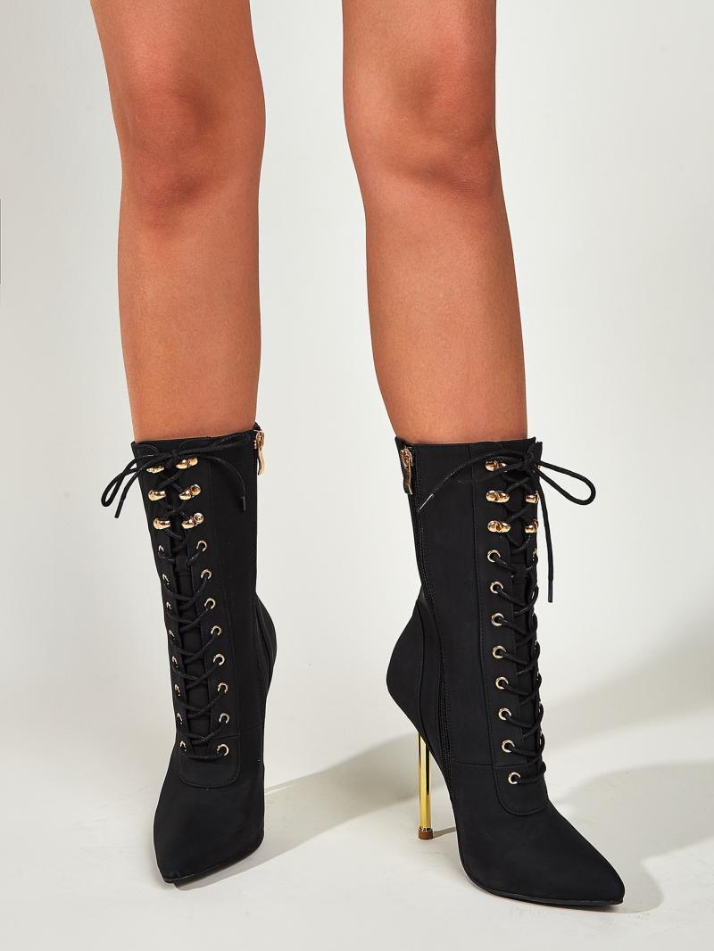 New Style Women's Pointed Toe High-heel Lace-up Mid-tube Women's Boots