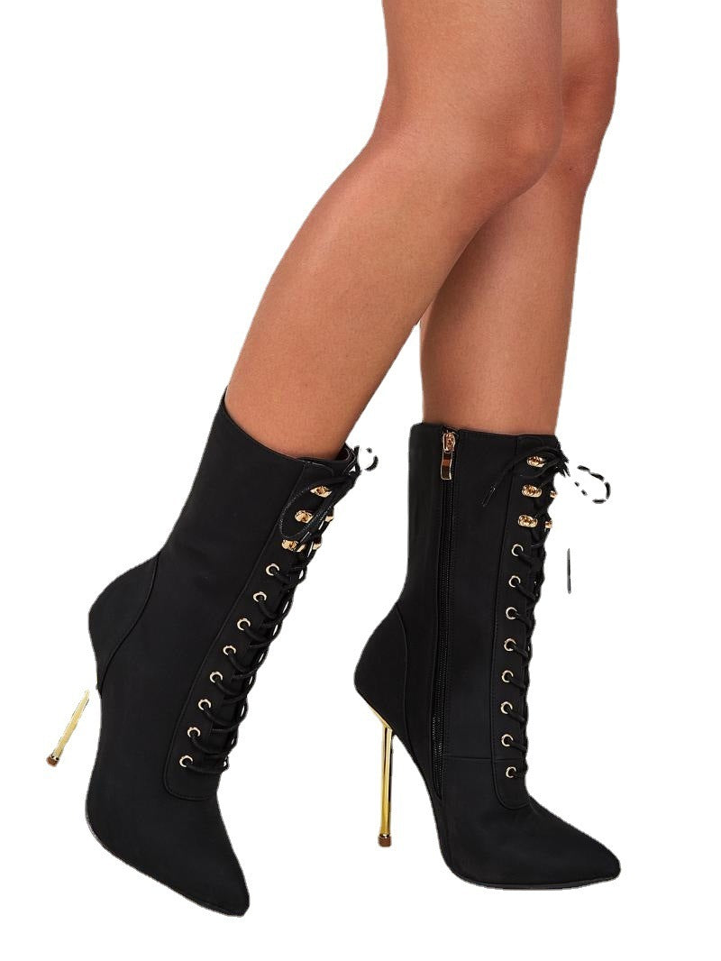 New Style Women's Pointed Toe High-heel Lace-up Mid-tube Women's Boots