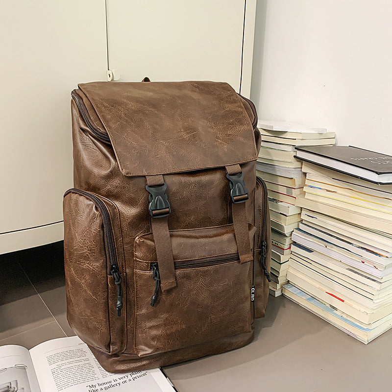 Retro Men's Computer Backpack Frosted Faux Leather Backpack Pleasures and Sins Brown