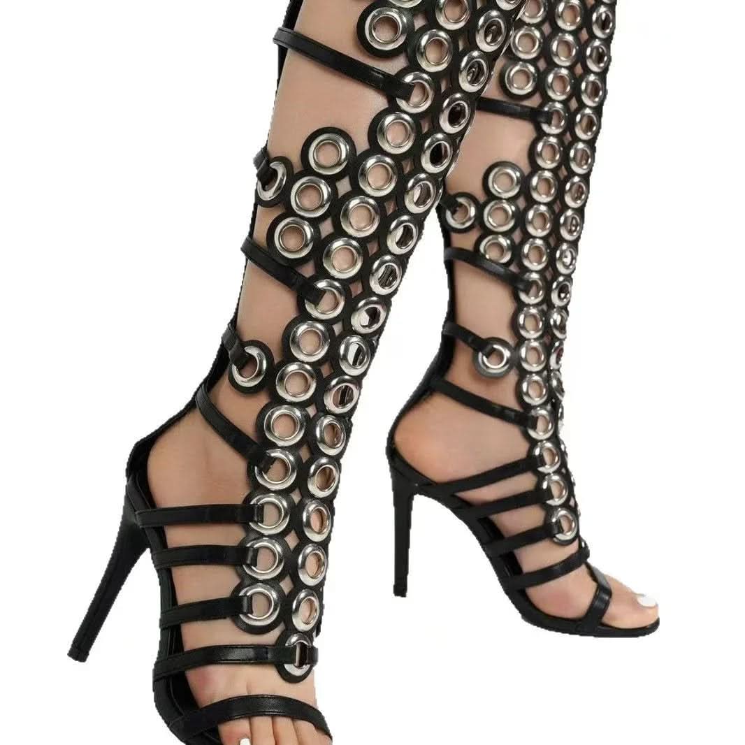 Fierce & Fabulous Stiletto Heel Open-Toe Sandals with Eye-Catching Rivets Sandals Pleasures and Sins Black 35