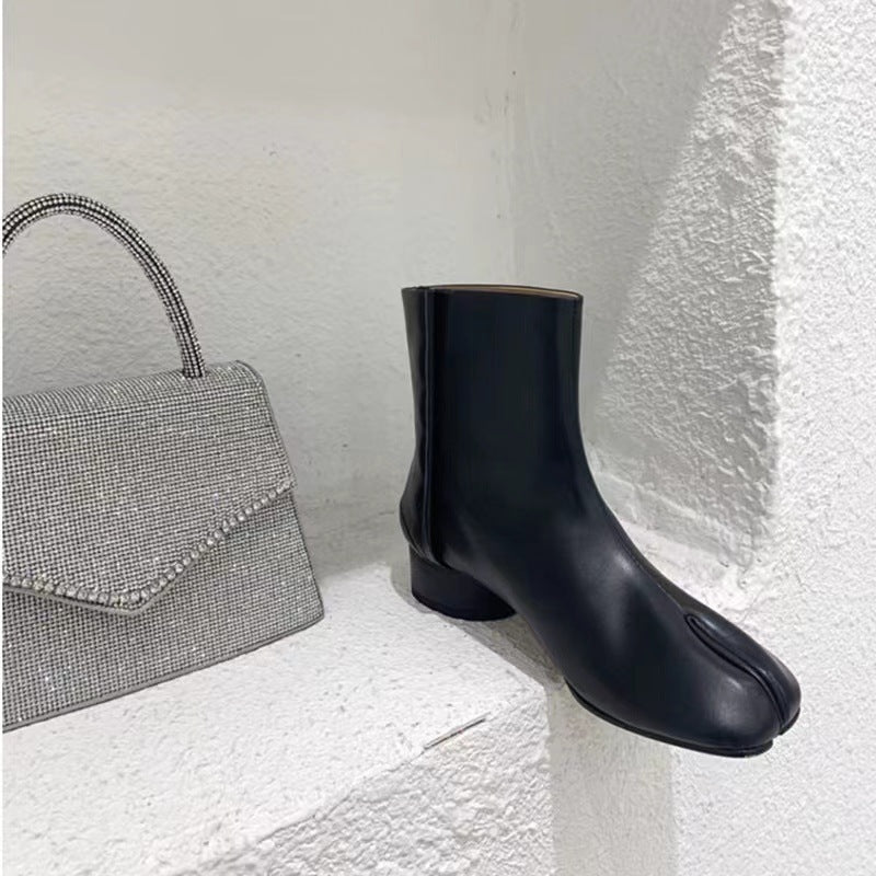 Split-toe Mid Heel Leather Lined Chunky Heel Middle Tabi Boots