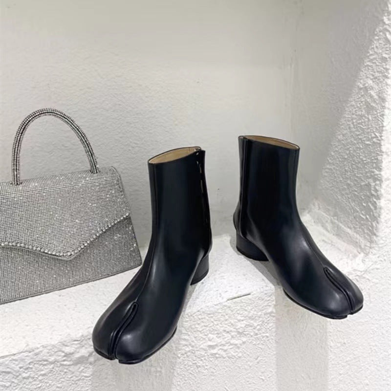Split-toe Mid Heel Leather Lined Chunky Heel Middle Tabi Boots