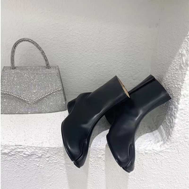 Split-toe Mid Heel Leather Lined Chunky Heel Middle Tabi Boots