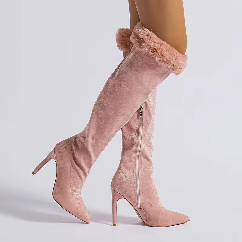 Ladies Pink Over Knee Fine High Heel Fur Edge Pointed Toe Boots