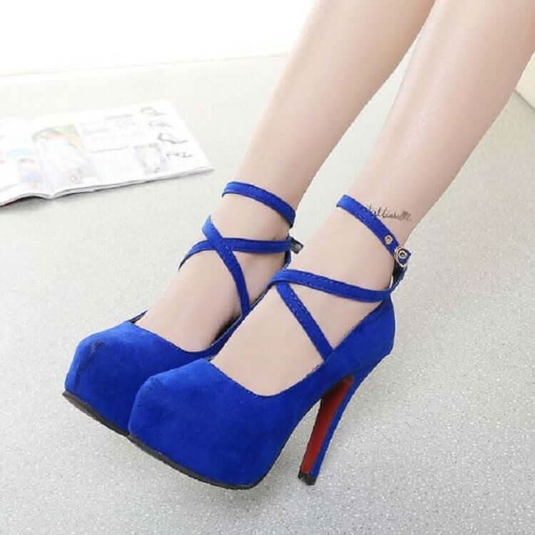 Womens Strappy Suede Shoes Round Toe Stiletto High Heels Shoes Pleasures and Sins 35 Blue