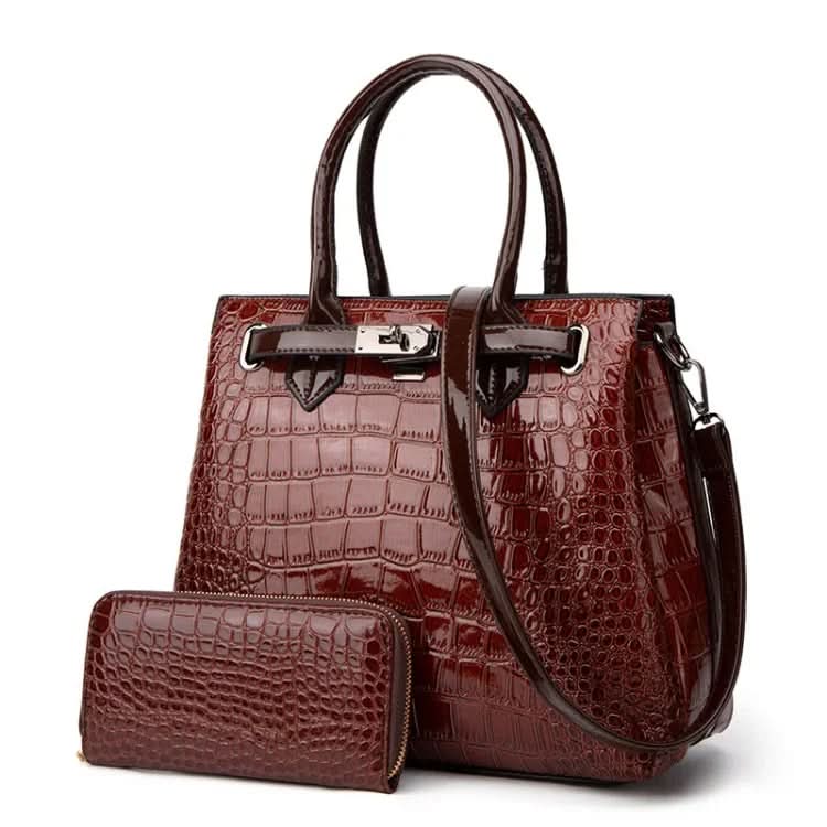 Crocodile Pattern Patent Handbag and Purse Set Large-Capacity Bag Pleasures and Sins Brown