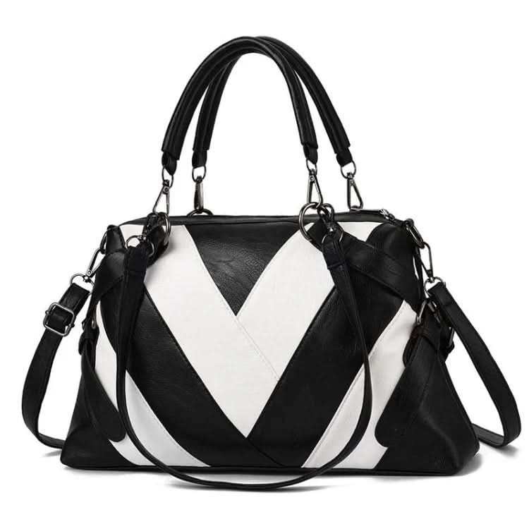 Ladies Geometric Colorblock Soft Faux Leather Handbag Bag Pleasures and Sins Black White