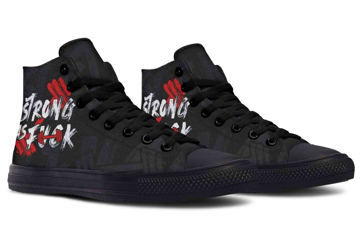 Strong As Fuck High-Top Canvas Sneakers - Bold Digitally Printed Design for Unisex Style Shoes Pleasures and Sins