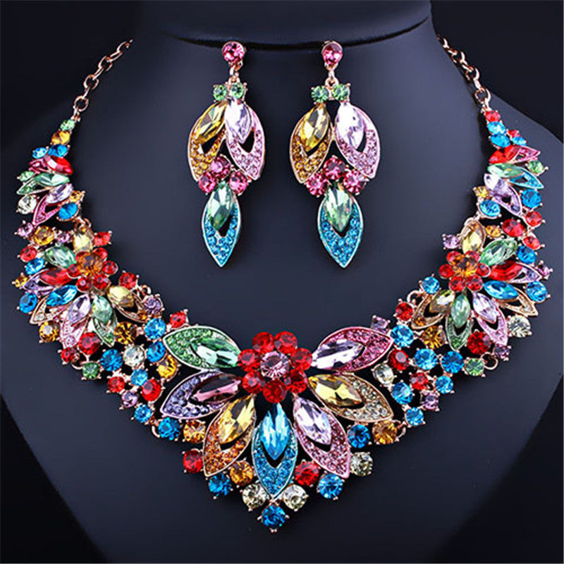 Flower Crystal Rhinestone Necklace Earrings Two-Piece Drag Queen Jewellery Set