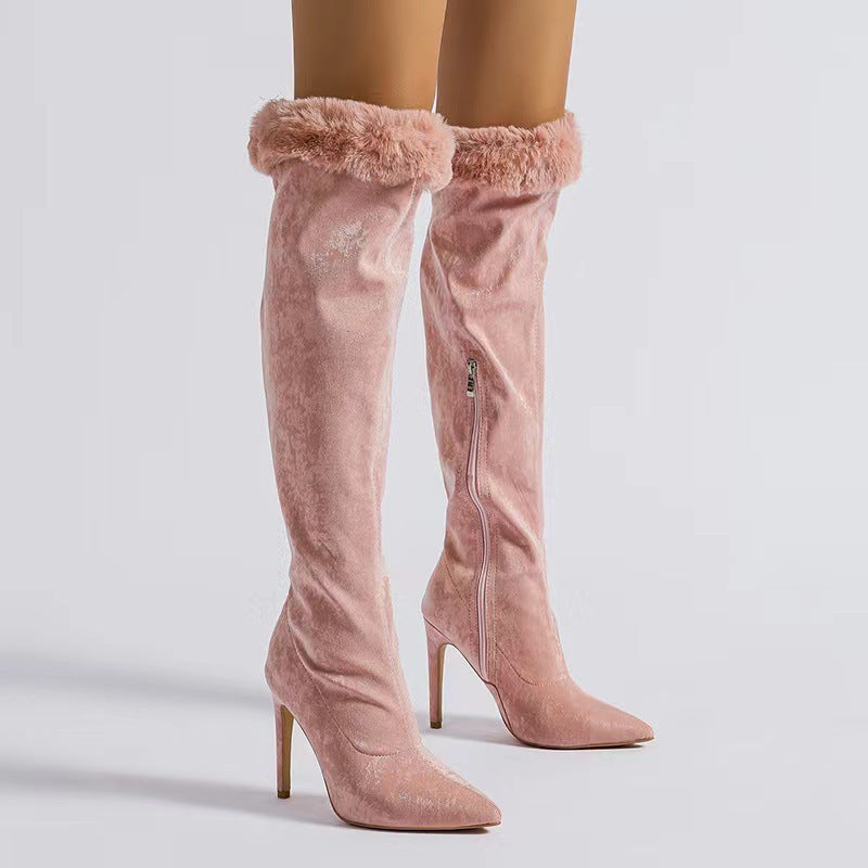 Ladies Pink Over Knee Fine High Heel Fur Edge Pointed Toe Boots