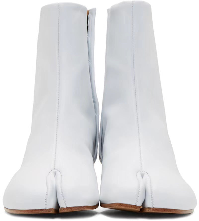 Split-toe Mid Heel Leather Lined Chunky Heel Middle Tabi Boots