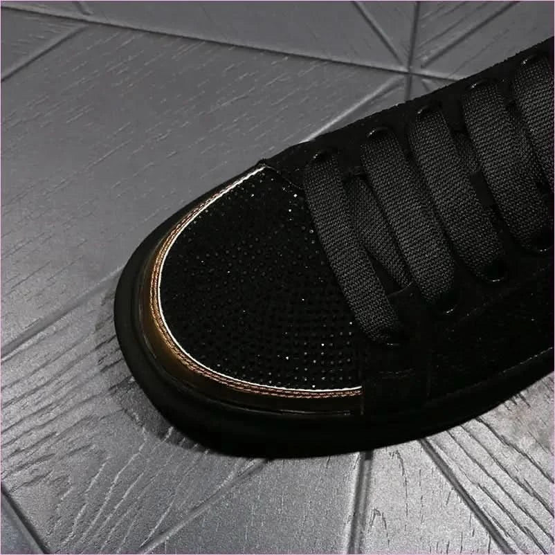 Black Casual Shoes with Gold Rhinestone Skull Design - Pleasures and Sins