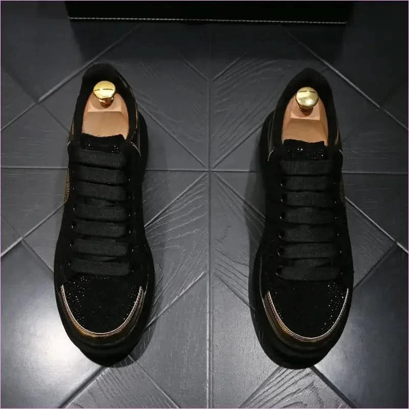 Black Casual Shoes with Gold Rhinestone Skull Design - Pleasures and Sins