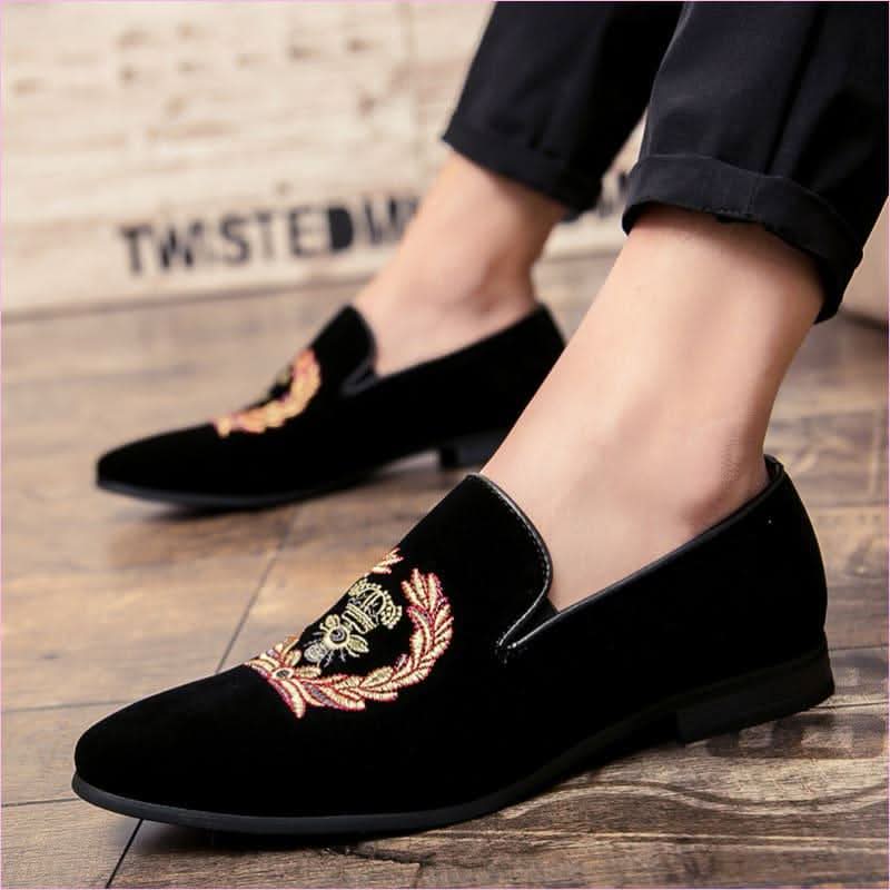 Black Embroidered Men’s Velvet Loafers with Military Motif - Pleasures and Sins