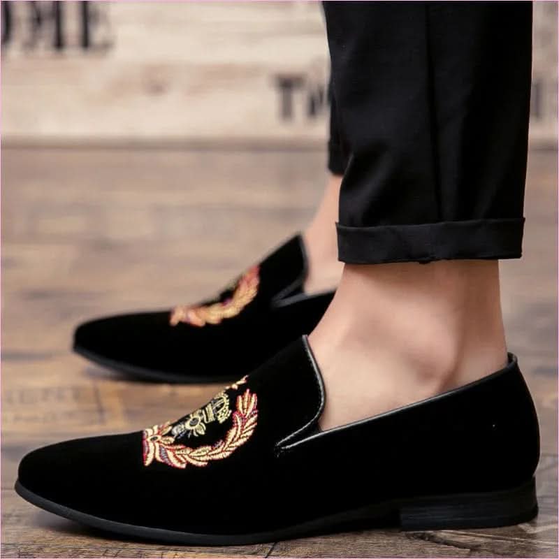 Black Embroidered Men’s Velvet Loafers with Military Motif - Pleasures and Sins