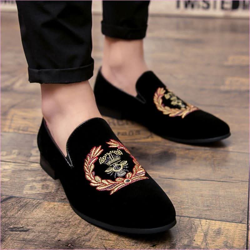 Black Embroidered Men’s Velvet Loafers with Military Motif - Pleasures and Sins