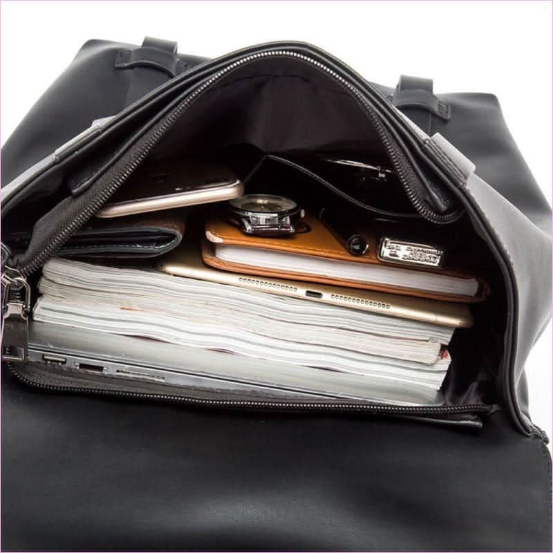Black Faux Leather Mens Large Capacity Business Backpack - Pleasures and Sins