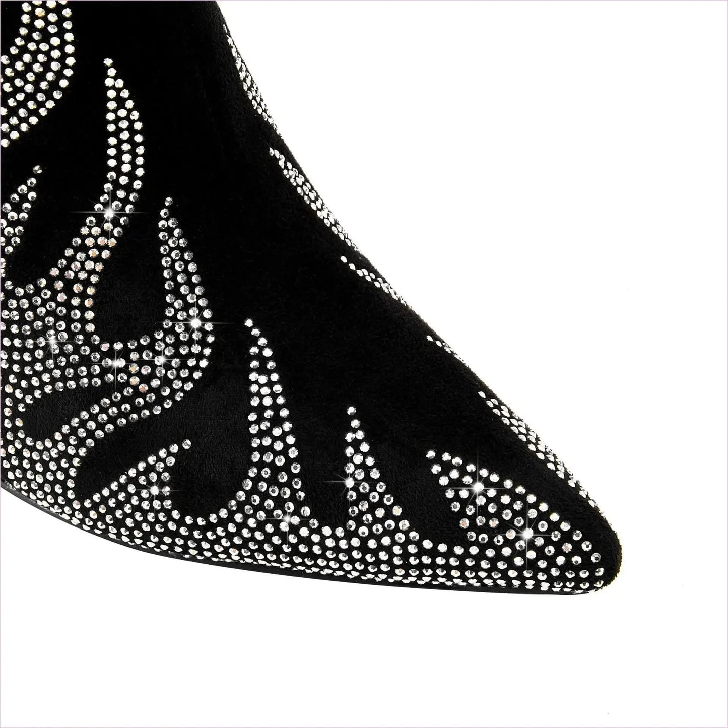 Black Knee-high Boots with Unique Tiger Mouth and Rhinestone Flame Pattern - Pleasures and Sins