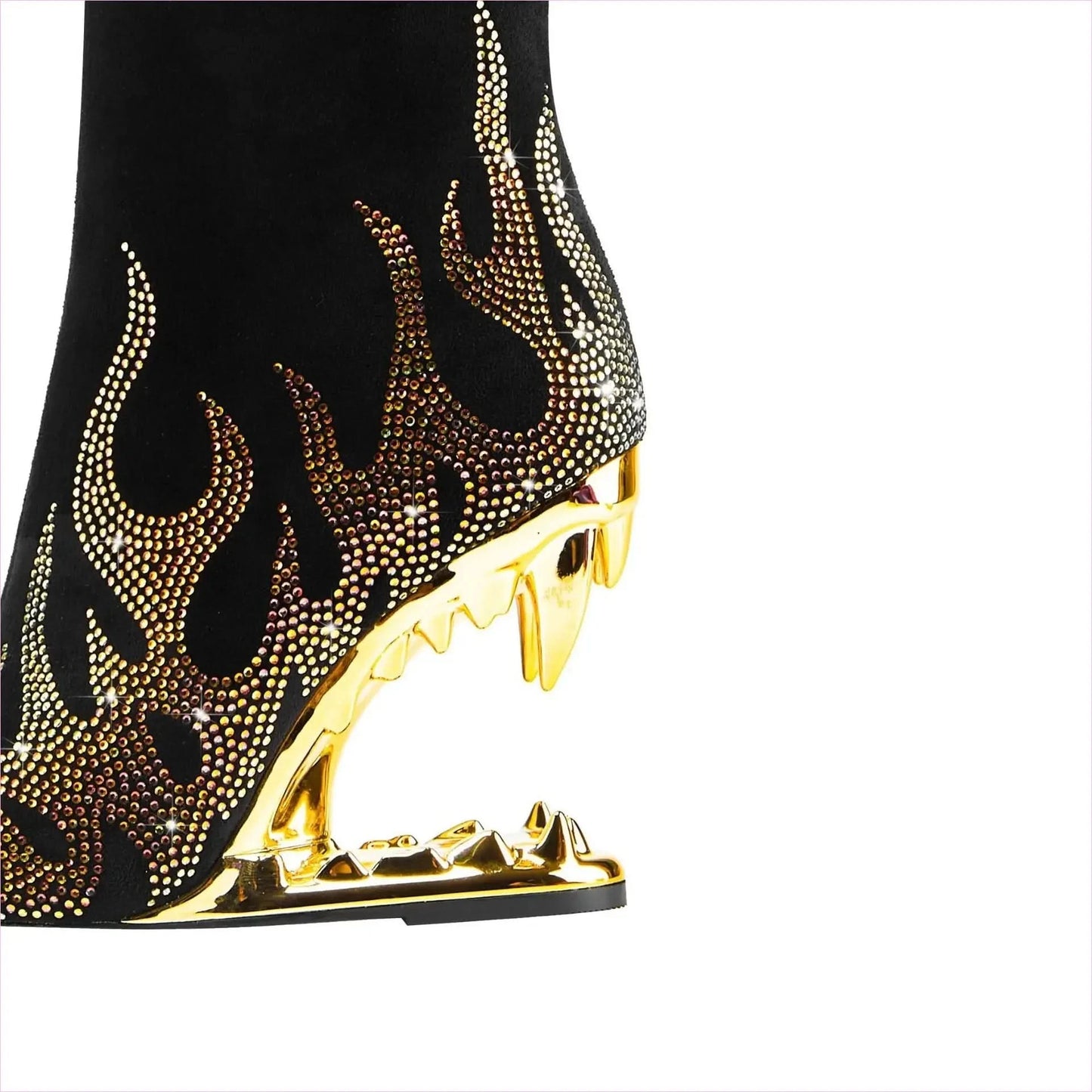 Black Knee-high Boots with Unique Tiger Mouth and Rhinestone Flame Pattern - Pleasures and Sins
