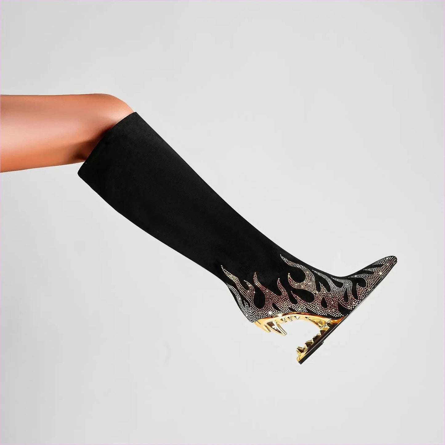 Black Knee-high Boots with Unique Tiger Mouth and Rhinestone Flame Pattern - Pleasures and Sins