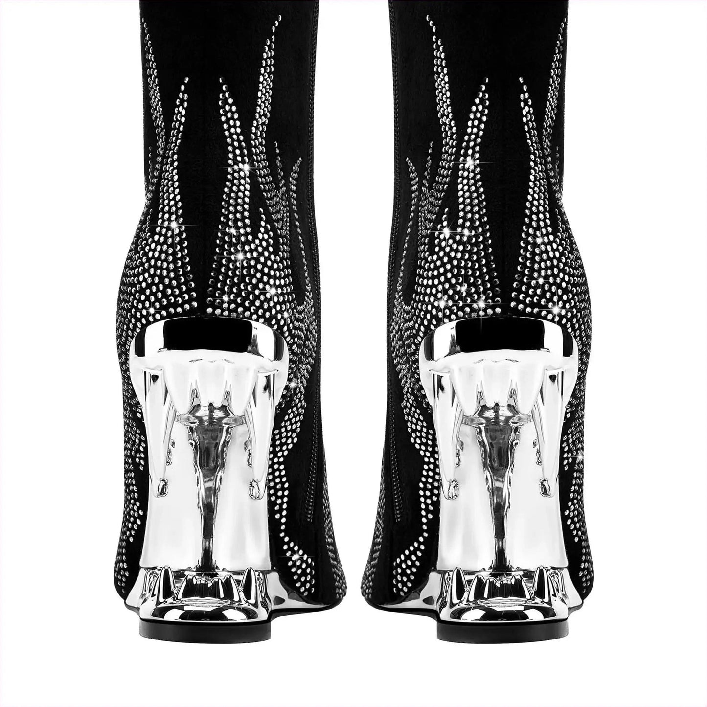 Black Knee-high Boots with Unique Tiger Mouth and Rhinestone Flame Pattern - Pleasures and Sins