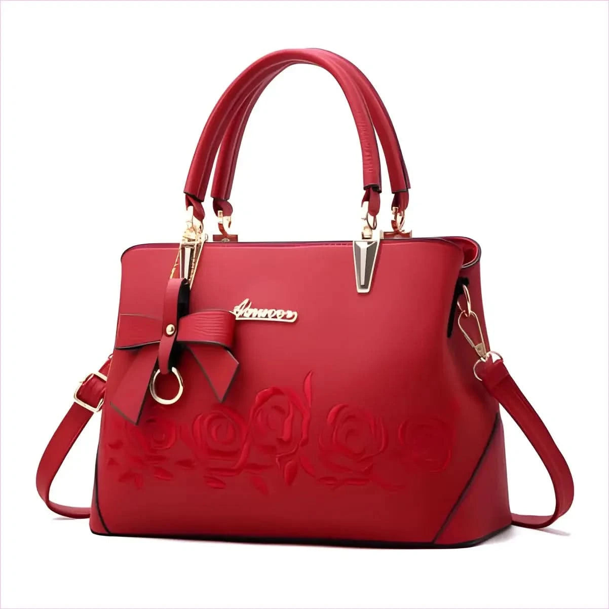 Black Leather Floral Designer Shoulderbag with Gold Hardware - Pleasures and Sins