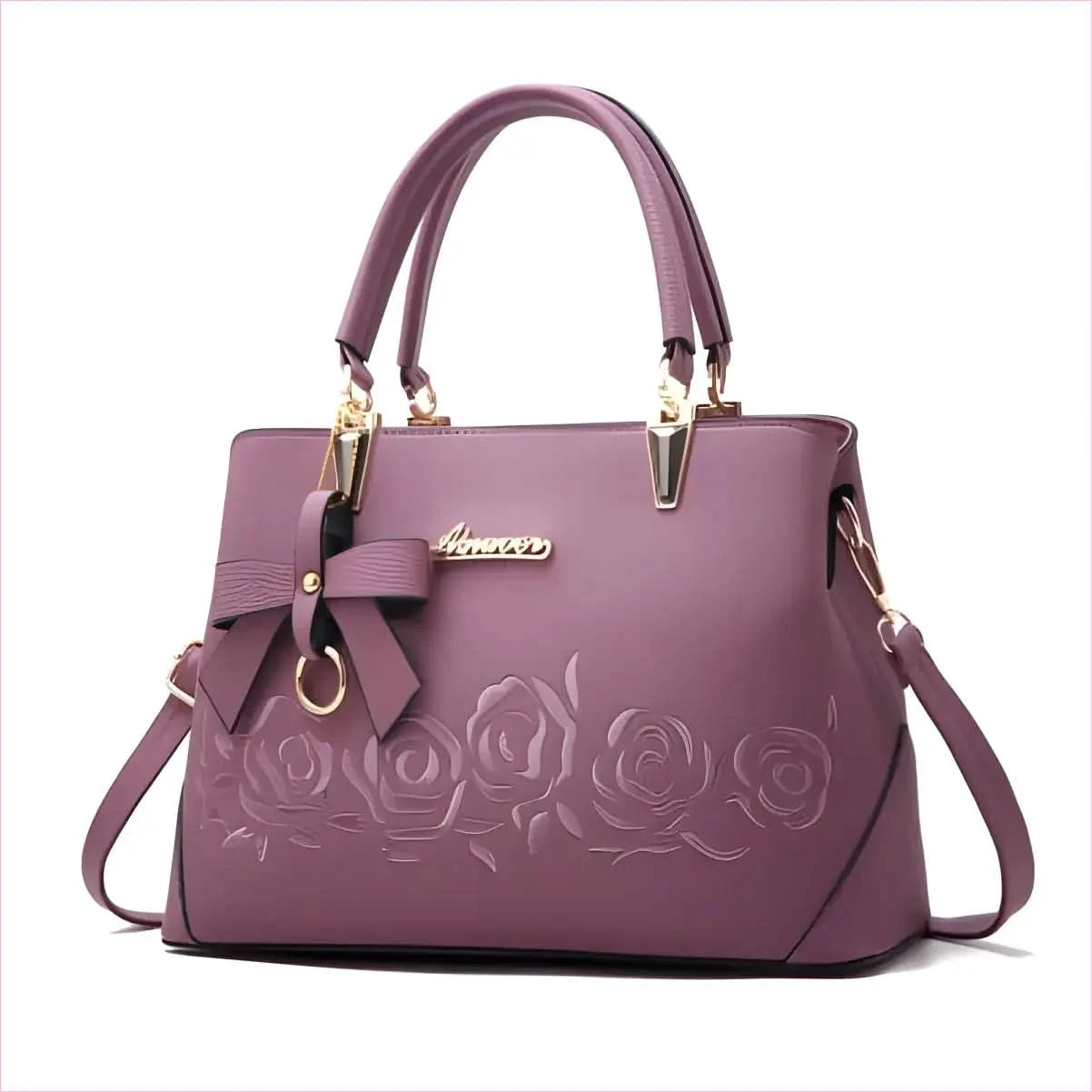 Black Leather Floral Designer Shoulderbag with Gold Hardware - Pleasures and Sins