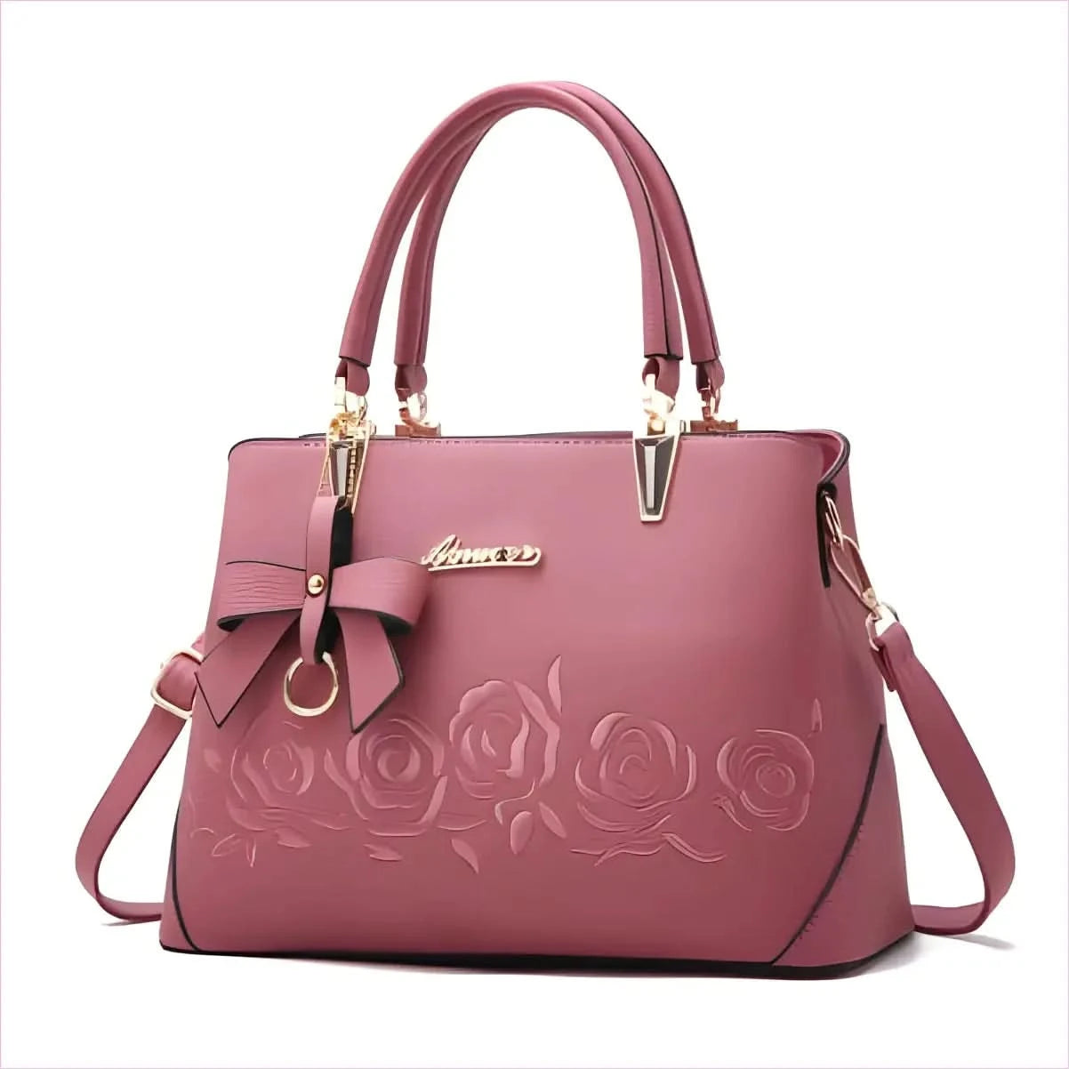 Black Leather Floral Designer Shoulderbag with Gold Hardware - Pleasures and Sins