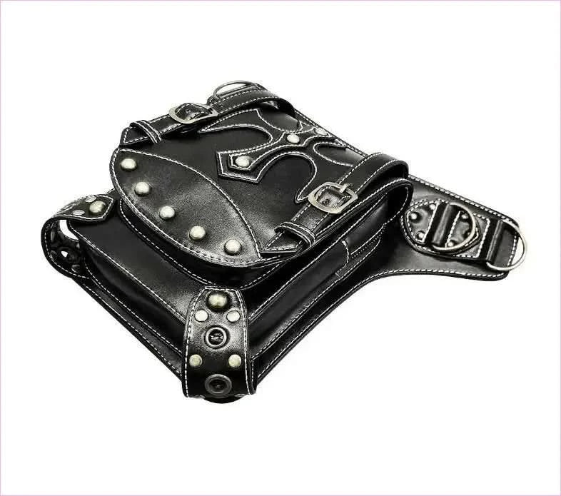 Black Leather Punk Waistpack Retro Casual Shoulder Bag with Studs - Pleasures and Sins