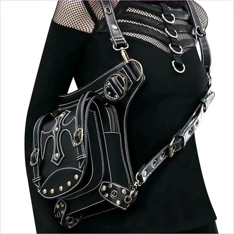 Black Leather Punk Waistpack Retro Casual Shoulder Bag with Studs - Pleasures and Sins