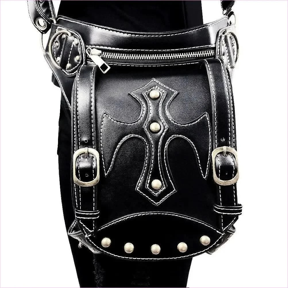 Black Leather Punk Waistpack Retro Casual Shoulder Bag with Studs - Pleasures and Sins
