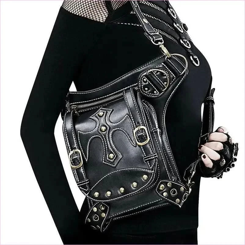 Black Leather Punk Waistpack Retro Casual Shoulder Bag with Studs - Pleasures and Sins