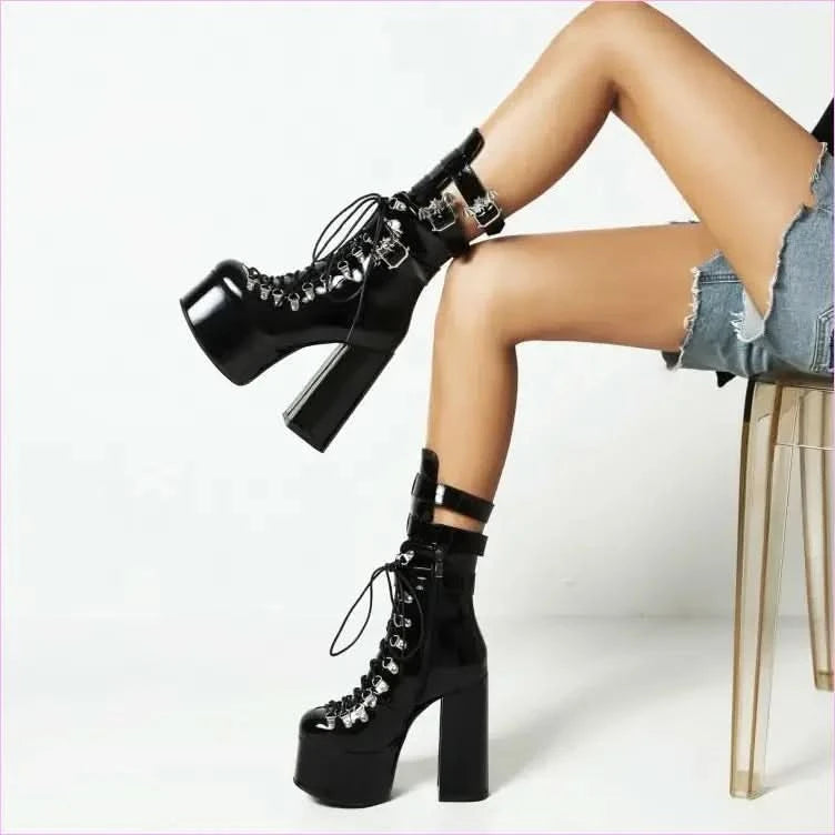 Black Multi Buckle Platform Boots with High Wedge Heel - Pleasures and Sins