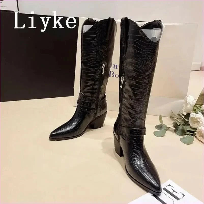 Black Snake Print Cowboy Knee High Riding Boots for Western Style - Pleasures and Sins