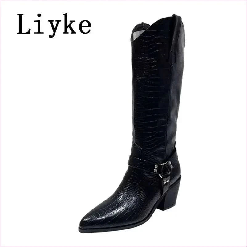 Black Snake Print Cowboy Knee High Riding Boots for Western Style - Pleasures and Sins