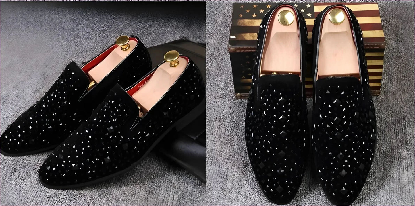 Black Suede Mens Studded Slip on Smart Loafer Style Shoe - Pleasures and Sins