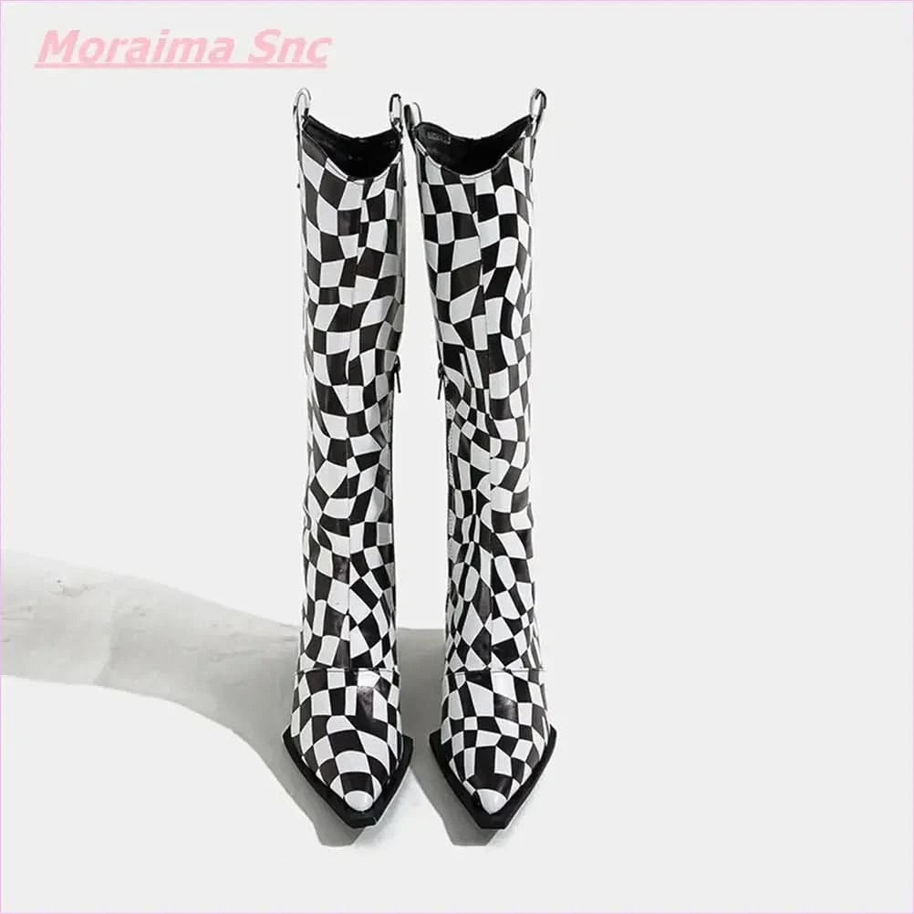 Black White Checkerboard Pointed Women's Boots with Square Heel - Pleasures and Sins