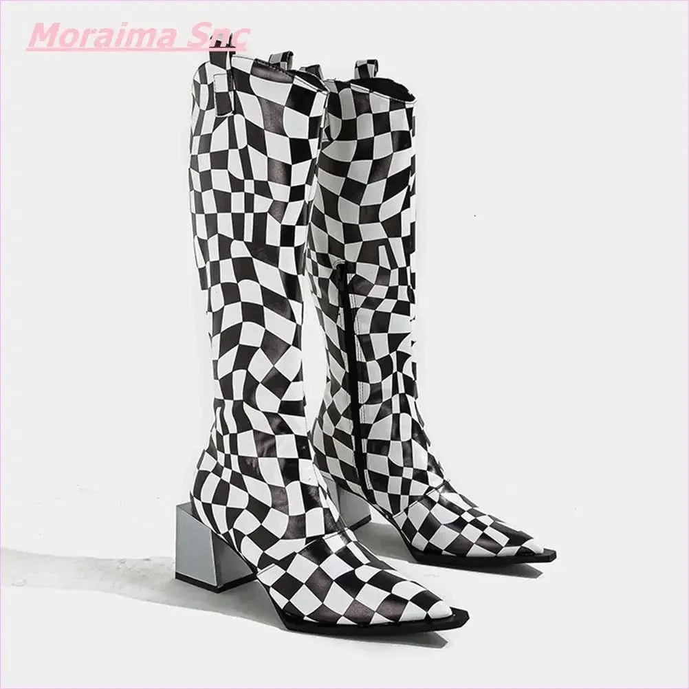Black White Checkerboard Pointed Women's Boots with Square Heel - Pleasures and Sins