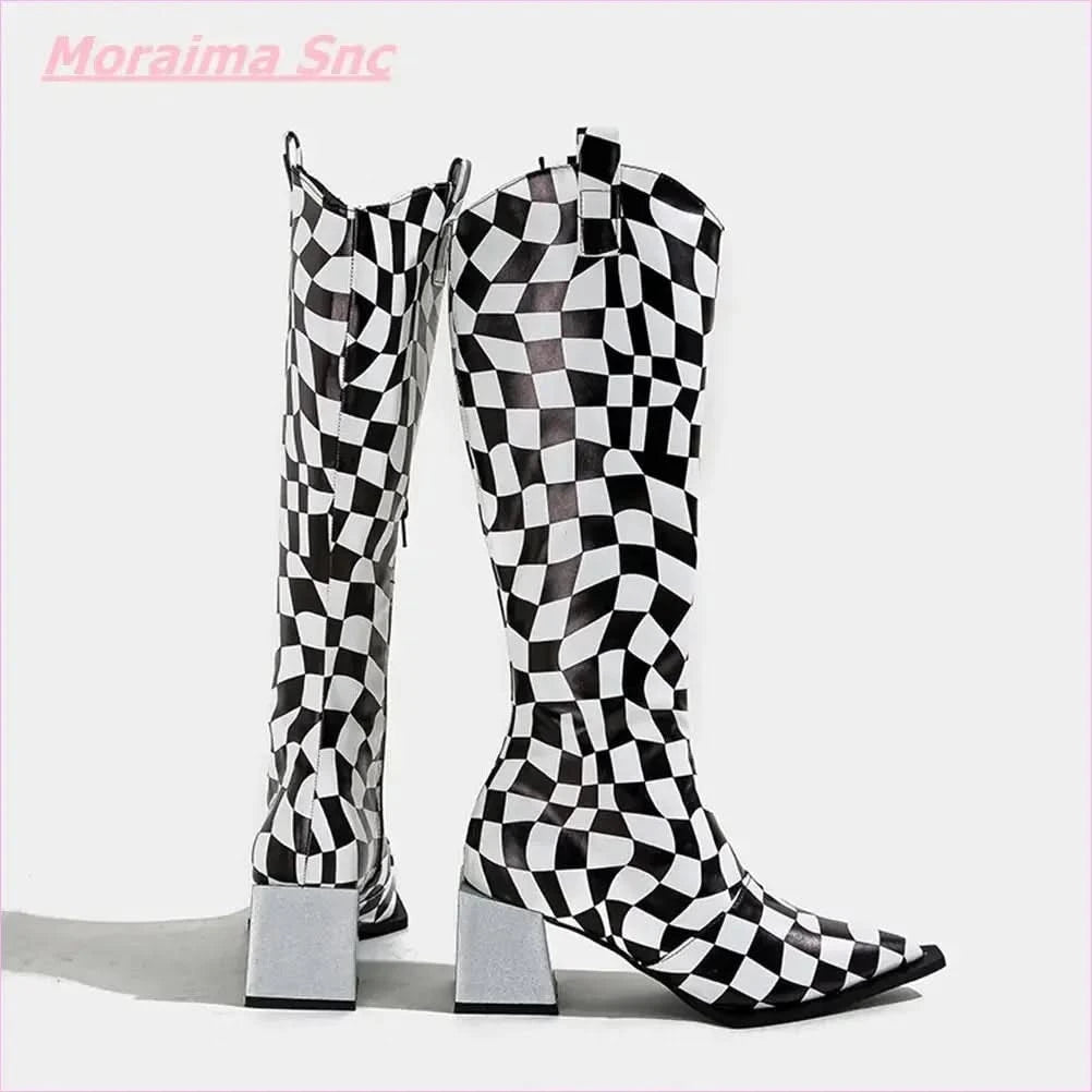 Black White Checkerboard Pointed Women's Boots with Square Heel - Pleasures and Sins
