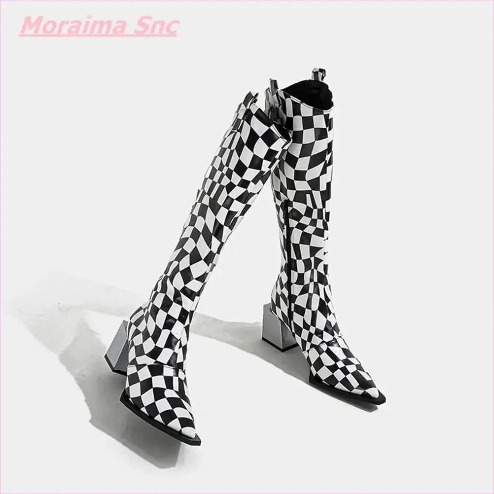 Black White Checkerboard Pointed Women's Boots with Square Heel - Pleasures and Sins