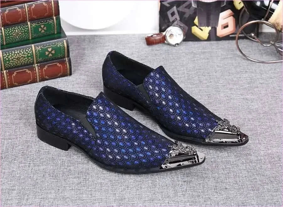 Blue Leather Peacock Patterned Shoes with Metal Toe Cap - Pleasures and Sins