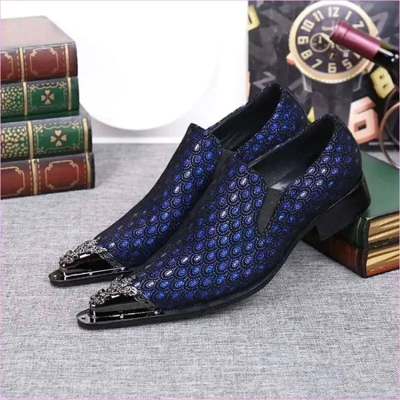 Blue Leather Peacock Patterned Shoes with Metal Toe Cap - Pleasures and Sins