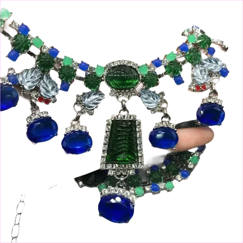 Blue Rhinestone Necklace and Earrings Set with Gemstone Accents - Pleasures and Sins