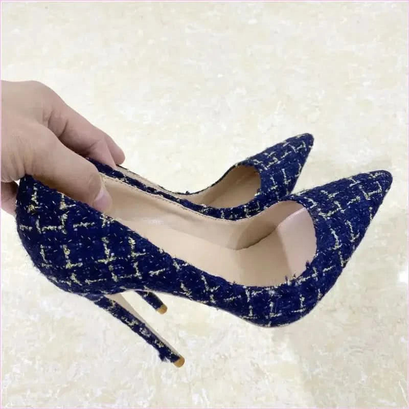 Blue Woven High Heel Stiletto Shoes with Floral Pattern - Pleasures and Sins