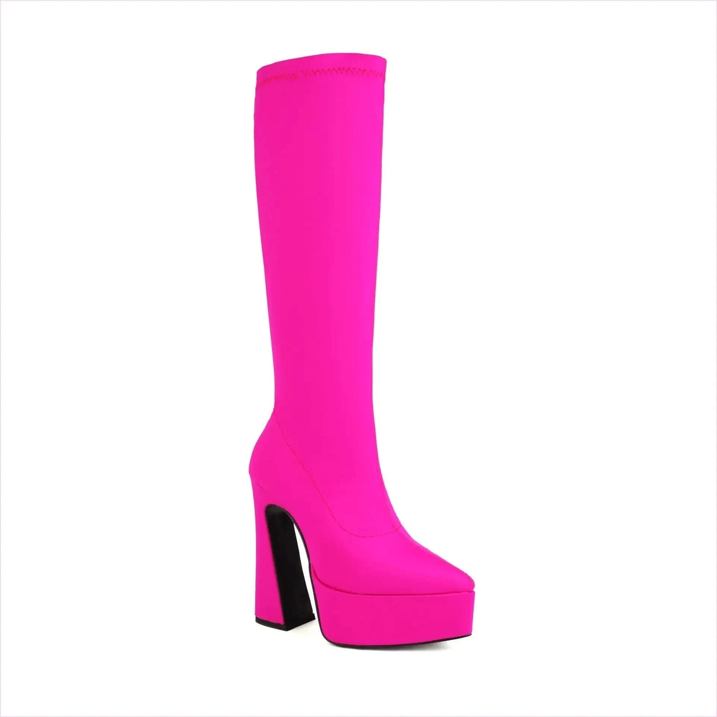 Bright Purple Unisex Knee High Platform Heel Pointed Boots in Satin Style - Pleasures and Sins