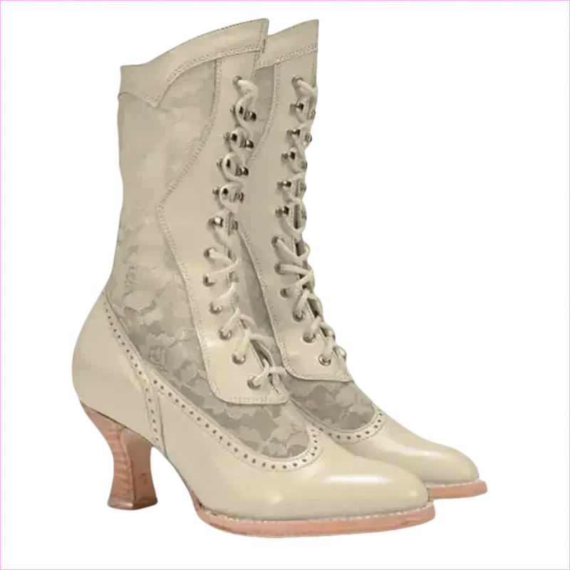 British Style Steampunk Lace-panelled Ladies Boots in White - Pleasures and Sins