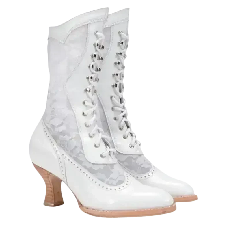 British Style Steampunk Lace-panelled Ladies Boots in White - Pleasures and Sins