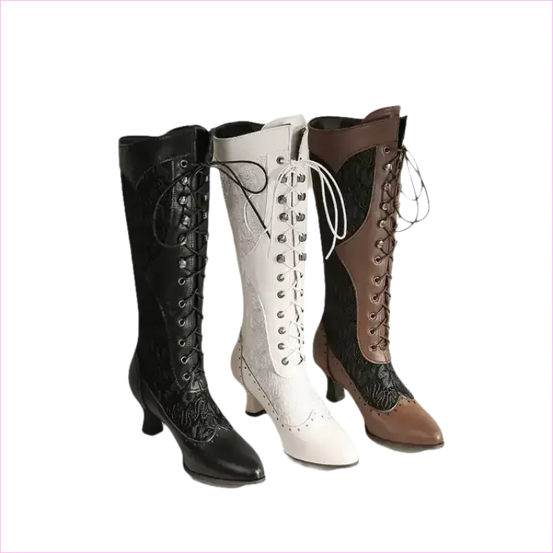 Brown and Black Victorian Style Steampunk Lace Pointed Toe Boots - Pleasures and Sins